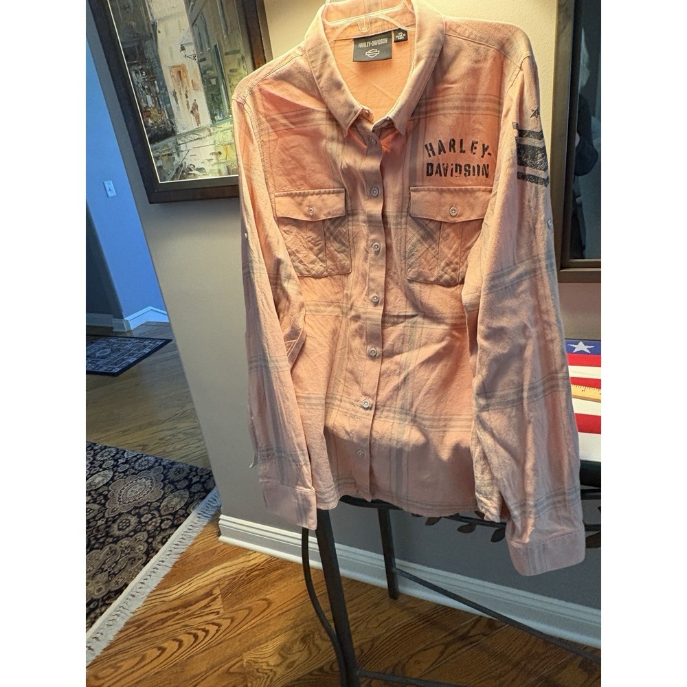 Harley Davidson flannel biker shirt outdoor plaid spring salmon orange women 2XL - Picture 8 of 15